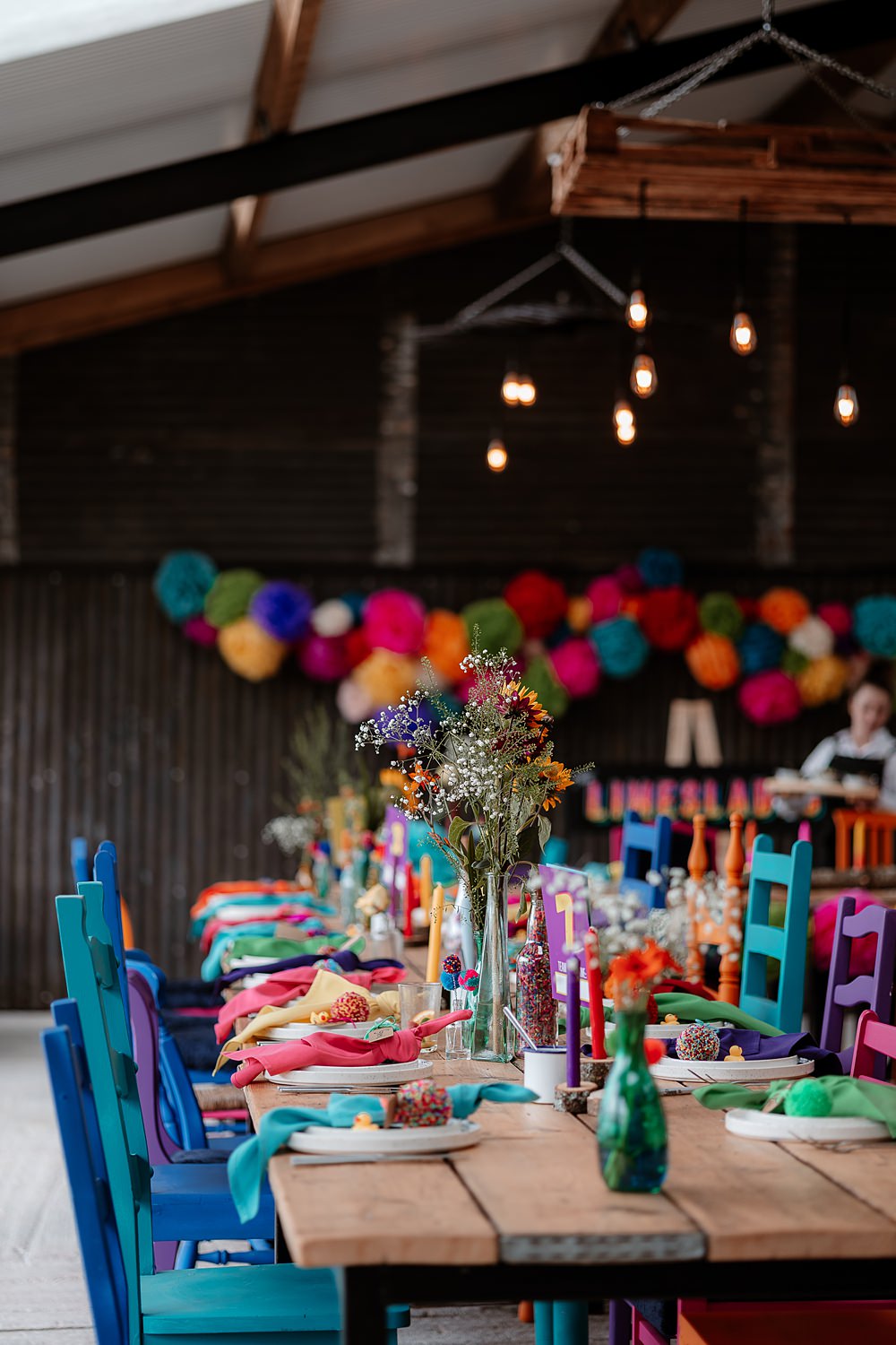 Colourful Table Decor Candles Flowers Napkins Pom Poms The Wholehouse Wedding Katherine and her Camera