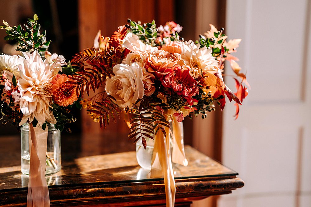 Bouquet Flowers Bride Rose Orange Red Tredudwell Manor Wedding Dan Ward Photography