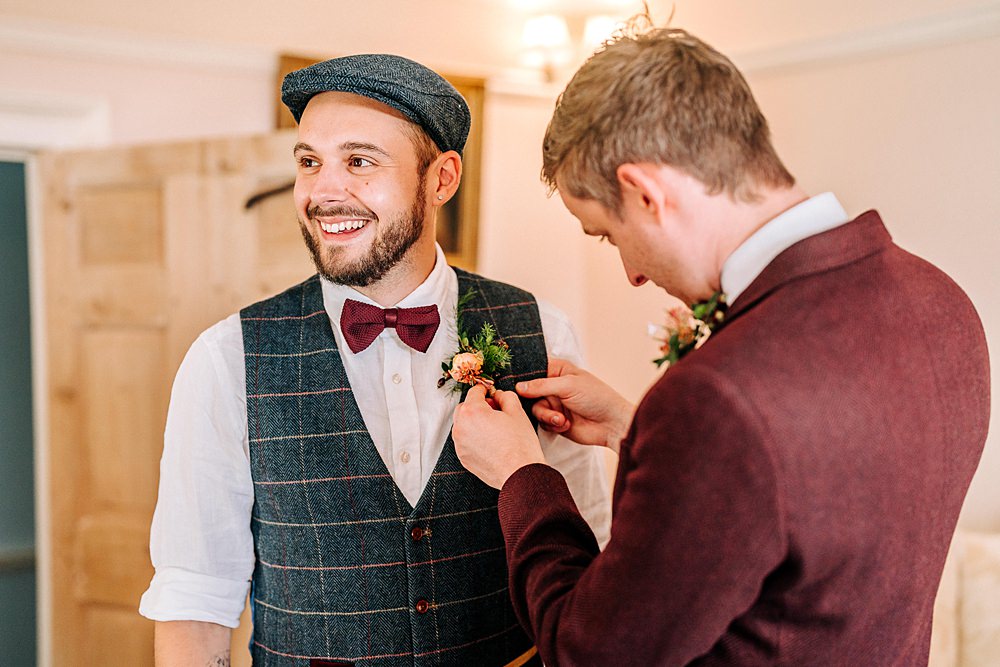 Groom Flat Cap Bow Tie Waistcoat Tredudwell Manor Wedding Dan Ward Photography