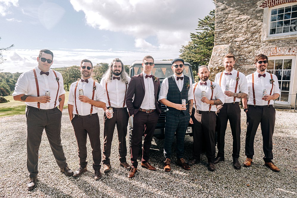 Groom Flat Cap Bow Tie Waistcoat Groomsmen Braces Bow Ties Tredudwell Manor Wedding Dan Ward Photography