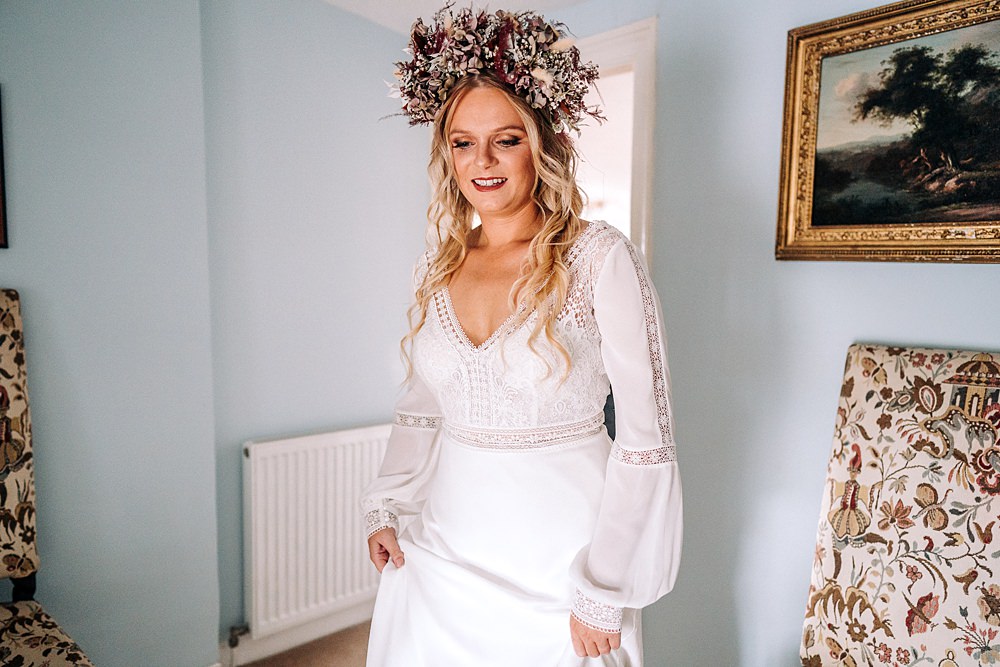 Flower Crown Boho Dress Bride Long Sleeves Tredudwell Manor Wedding Dan Ward Photography