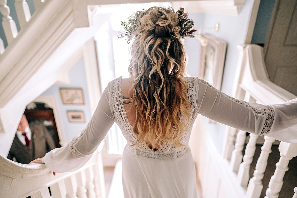 Half Up Down Hair Bride Flower Crown Tredudwell Manor Wedding Dan Ward Photography