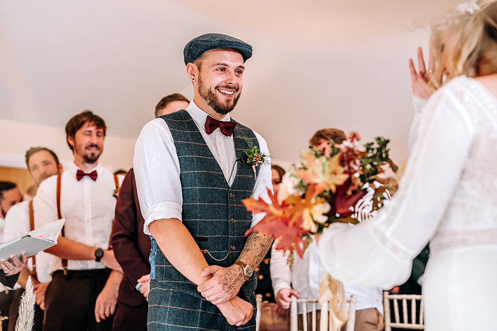 Groom Flat Cap Bow Tie Waistcoat Tredudwell Manor Wedding Dan Ward Photography