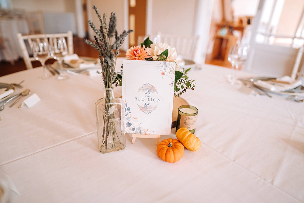 Centrepiece Dried Flowers Pumpkins Table Number Tredudwell Manor Wedding Dan Ward Photography