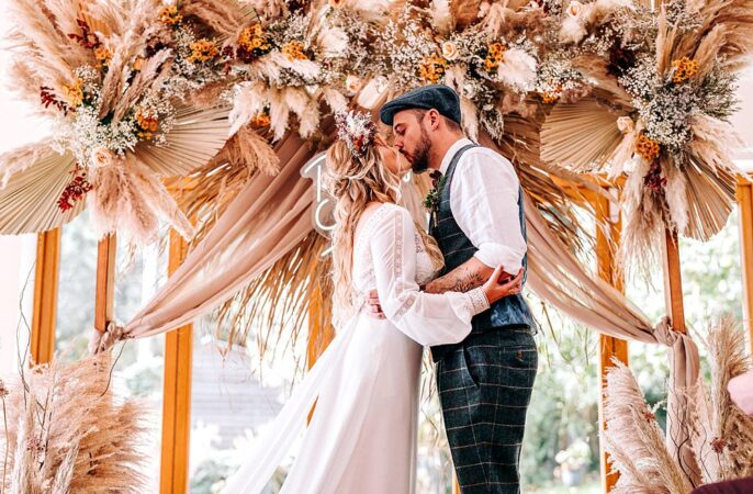 Tredudwell Manor Wedding Dan Ward Photography Backdrop Neon Sign Dried Flowers Ceremony