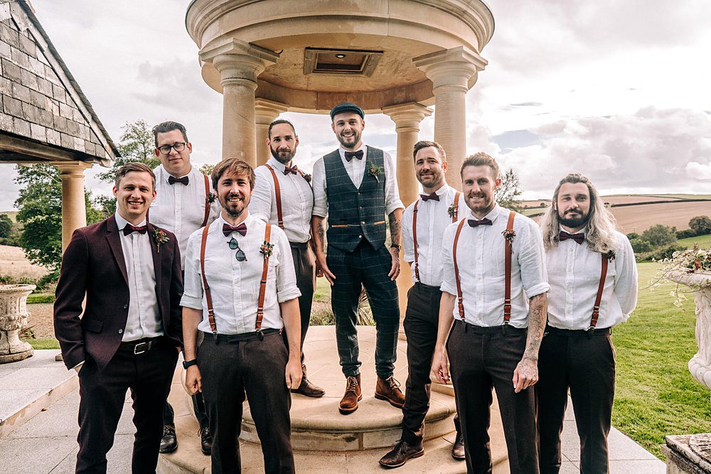 Groom Flat Cap Bow Tie Waistcoat Groomsmen Braces Bow Ties Tredudwell Manor Wedding Dan Ward Photography