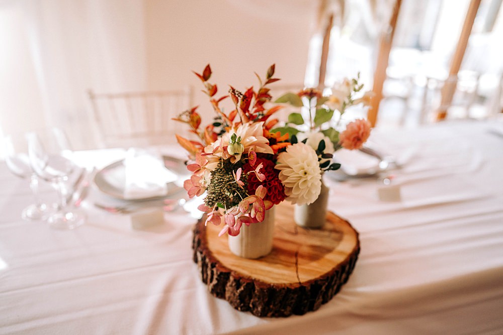 Log Slice Centrepiece Decor Flowers Tredudwell Manor Wedding Dan Ward Photography