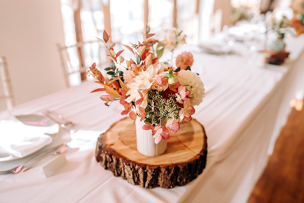 Log Slice Centrepiece Decor Flowers Tredudwell Manor Wedding Dan Ward Photography