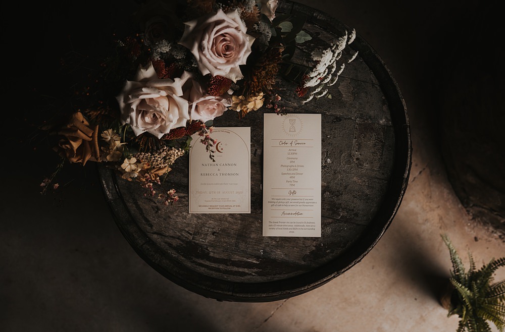 Invites Stationery Flowers Warm Celestial Wedding Firewood Film
