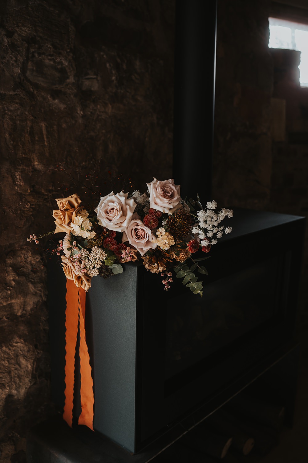 Bouquet Flowers Bride Rose Orange Pink Toffee Warm Celestial Wedding Firewood Film