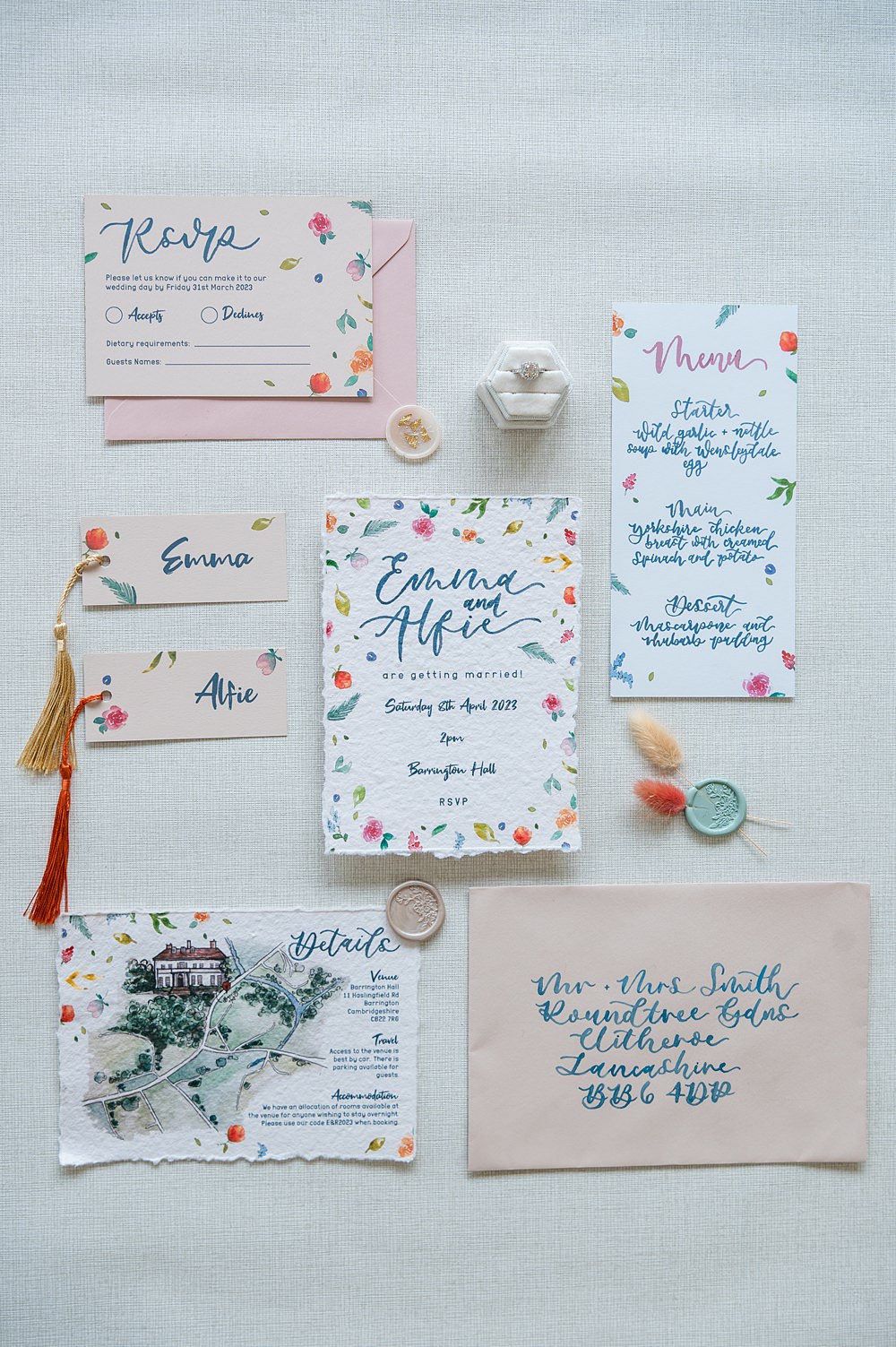 Barrington Hall Wedding Chloe Bolam Photography Colourful Floral Invitation Stationery Calligraphy