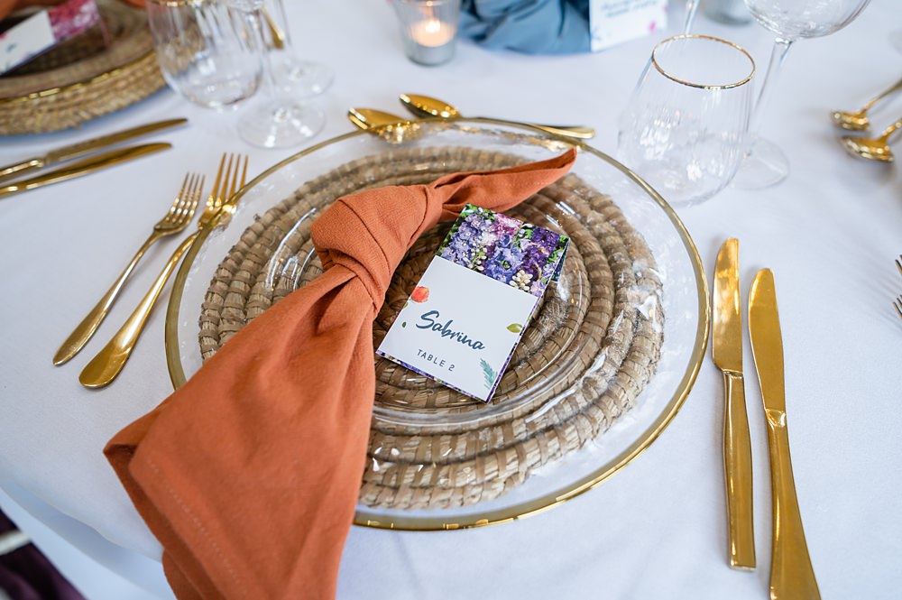 Place Setting Rattan Mat Gold Cutlery Napkin Barrington Hall Wedding Chloe Bolam Photography