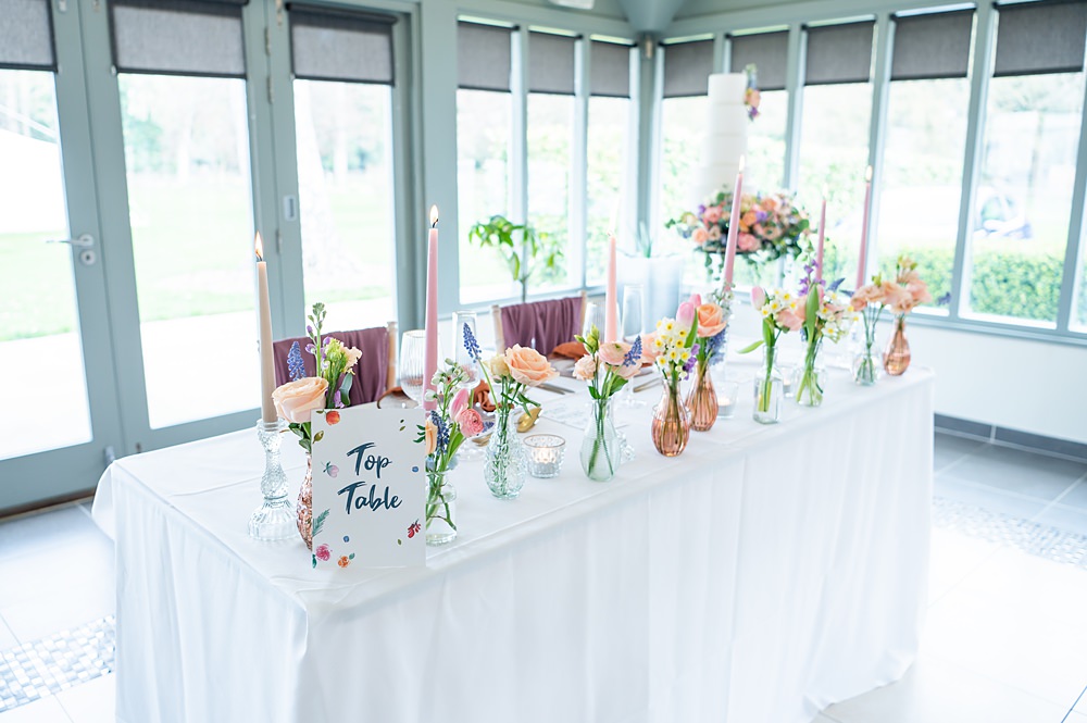 Top Table Spring Flowers Decor Bud Vase Candles Barrington Hall Wedding Chloe Bolam Photography