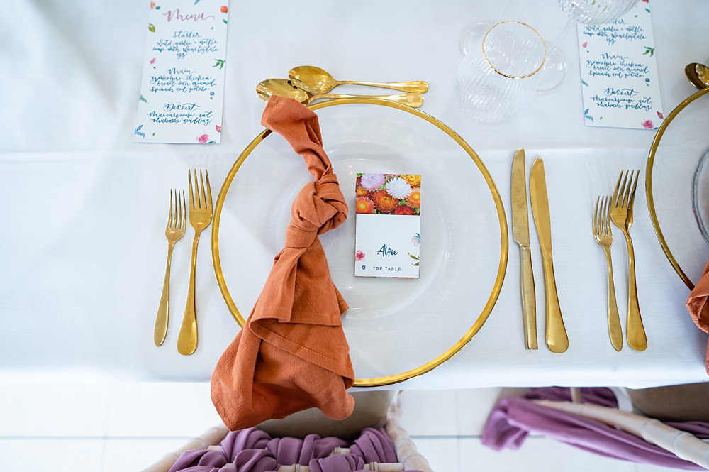 Place Setting Gold Cutlery Napkin Barrington Hall Wedding Chloe Bolam Photography