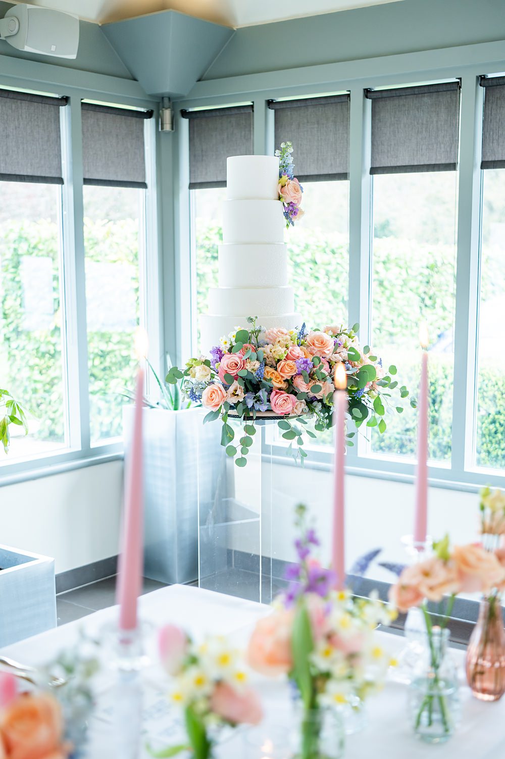 White Cake 5 Tier Pattern Flowers Purple Orange Barrington Hall Wedding Chloe Bolam Photography