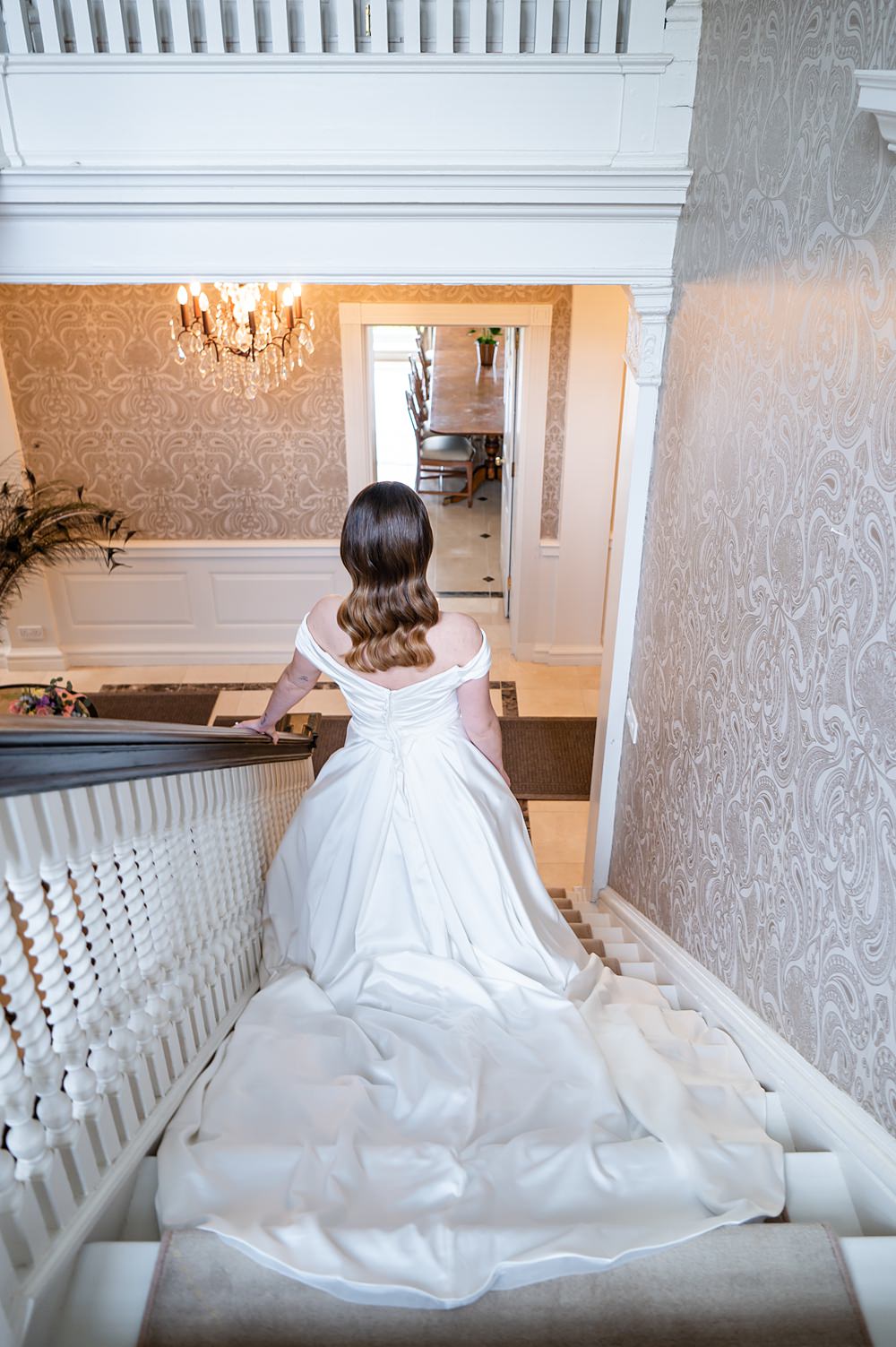 Dress Gown Bride Sweetheart Off Shoulder Train Barrington Hall Wedding Chloe Bolam Photography