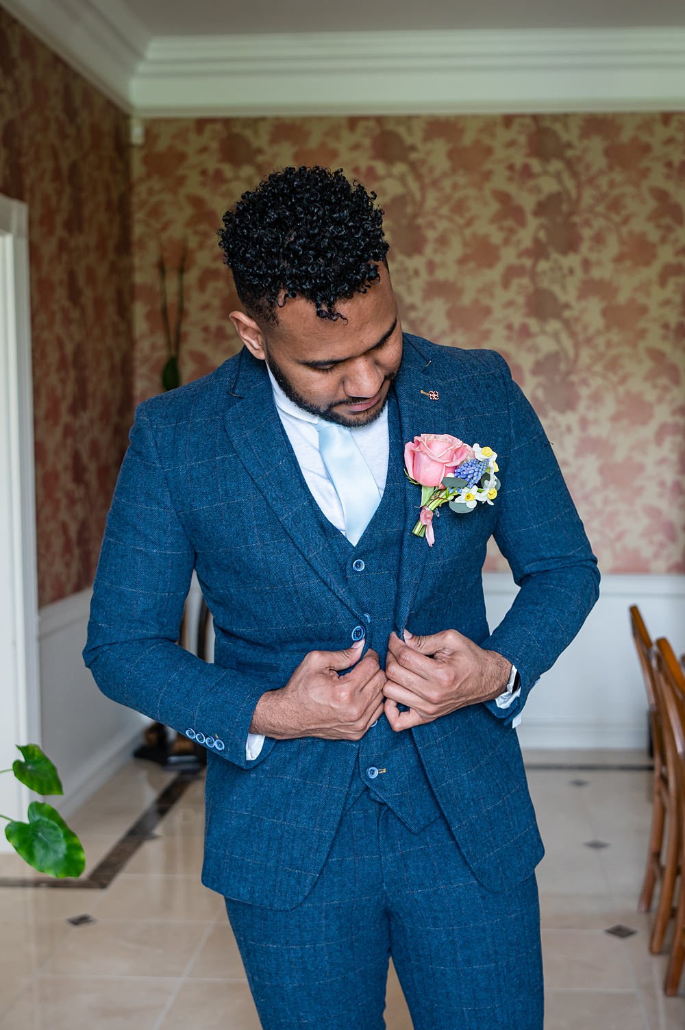 Groom Navy Suit Blue Tie Buttonhole Flowers Barrington Hall Wedding Chloe Bolam Photography