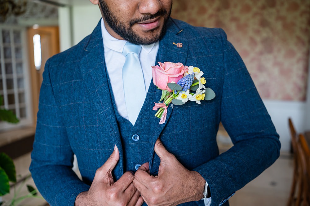 Groom Navy Suit Blue Tie Buttonhole Flowers Barrington Hall Wedding Chloe Bolam Photography