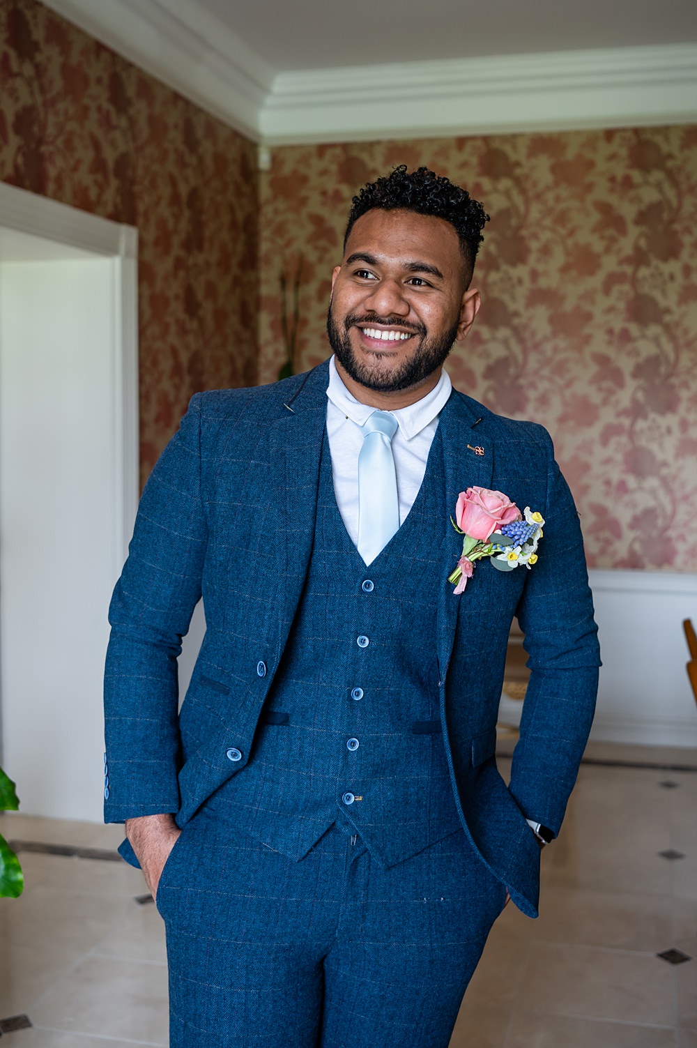 Groom Navy Suit Blue Tie Buttonhole Flowers Barrington Hall Wedding Chloe Bolam Photography