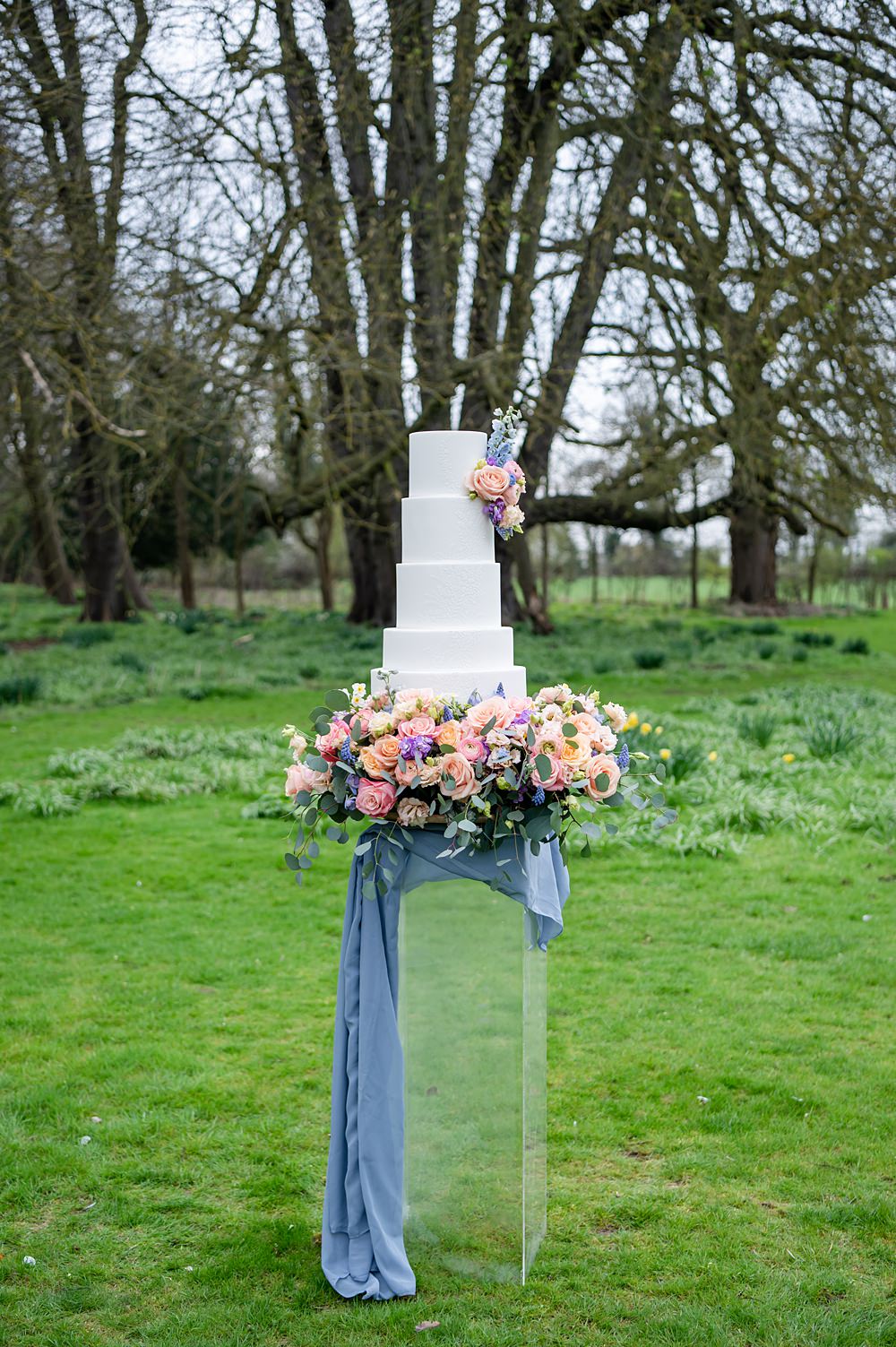 White Cake 5 Tier Pattern Flowers Purple Orange Acrylic Stand Barrington Hall Wedding Chloe Bolam Photography
