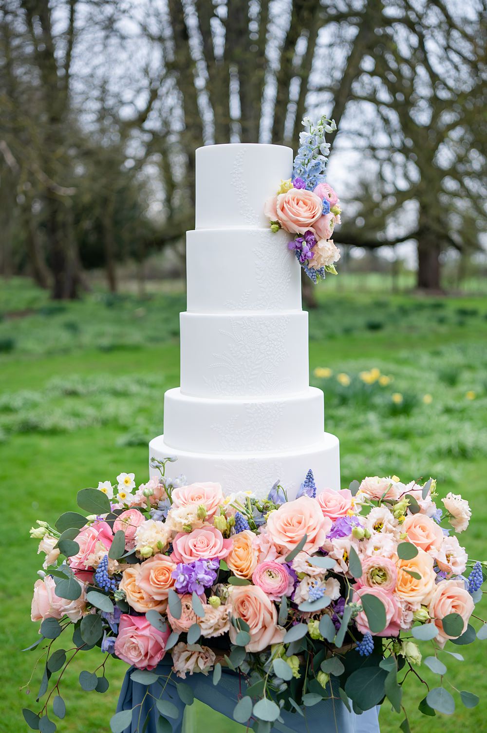 White Cake 5 Tier Pattern Flowers Purple Orange Barrington Hall Wedding Chloe Bolam Photography