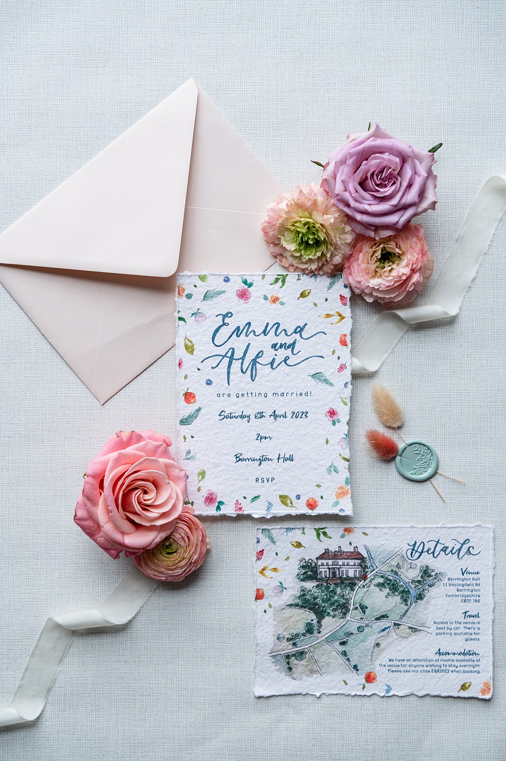 Colourful Floral Invitation Stationery Calligraphy Barrington Hall Wedding Chloe Bolam Photography