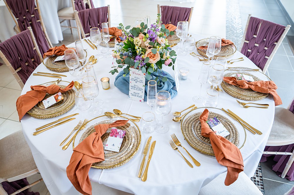 Orange Purple Table Decor Napkins Flowers Barrington Hall Wedding Chloe Bolam Photography