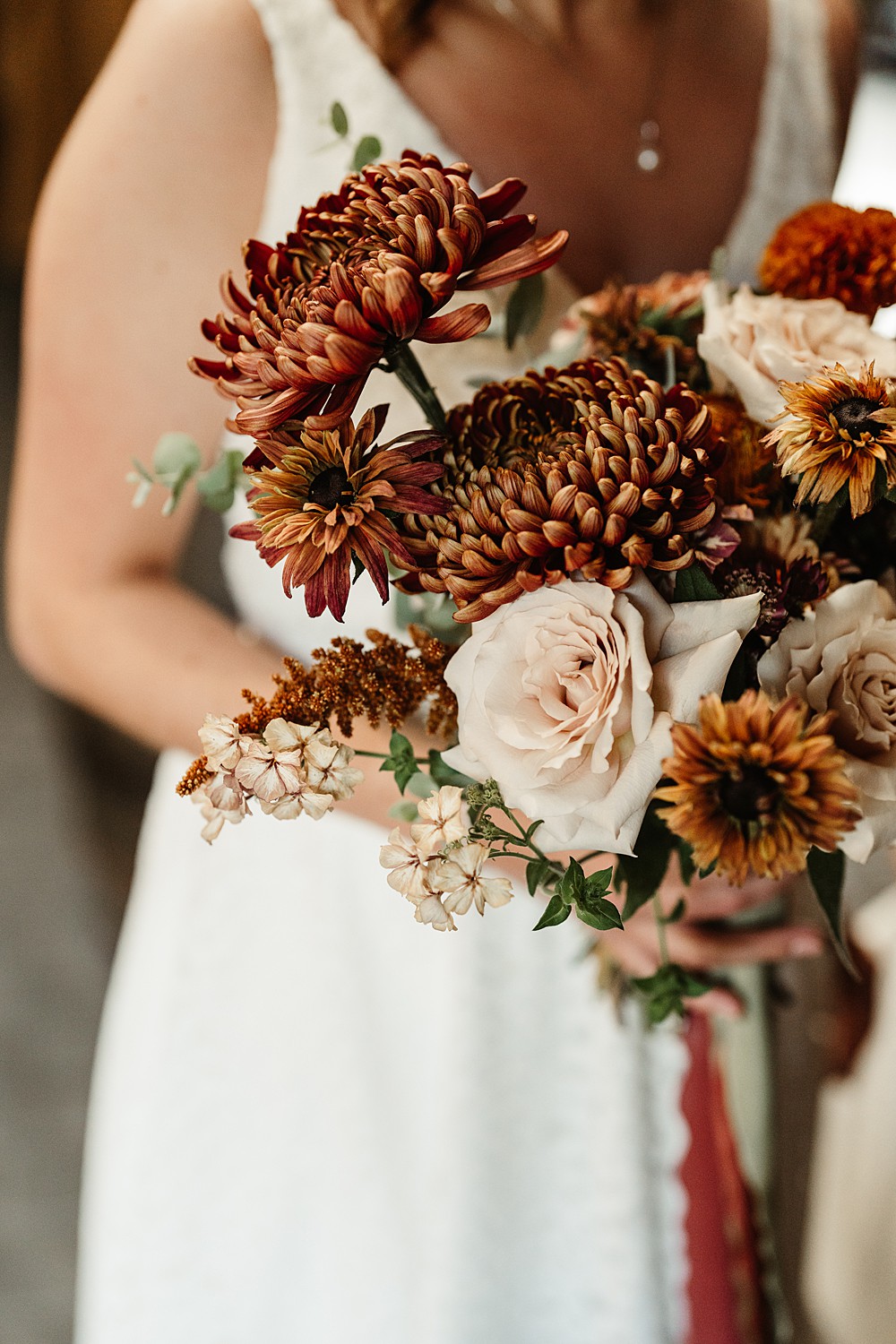 Bouquet Flowers Bride Dahlia Rose Autumn Brown Cream Red Engine Works Wedding Emma Lawson Photography