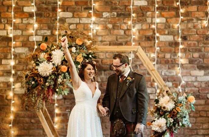 Wooden Hexagon Flower Arch Ceremony Engine Works Wedding Emma Lawson Photography
