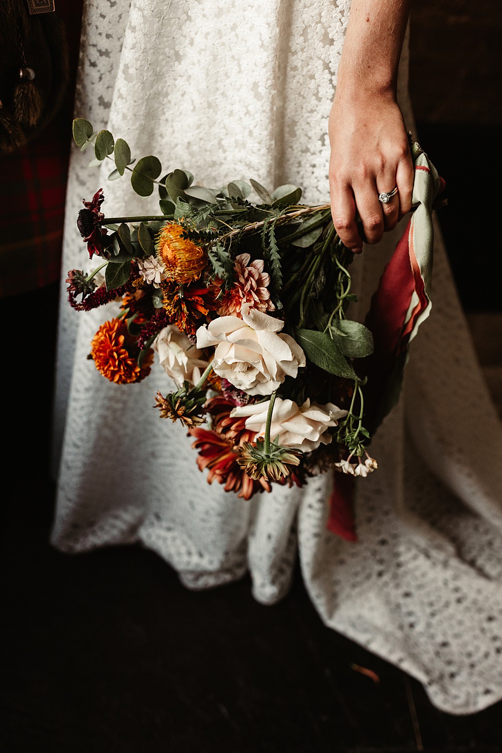 Bouquet Flowers Bride Dahlia Rose Autumn Brown Cream Red Engine Works Wedding Emma Lawson Photography