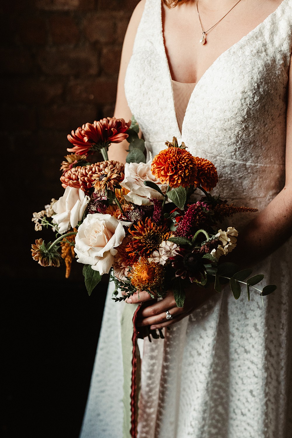 Bouquet Flowers Bride Dahlia Rose Autumn Brown Cream Red Engine Works Wedding Emma Lawson Photography