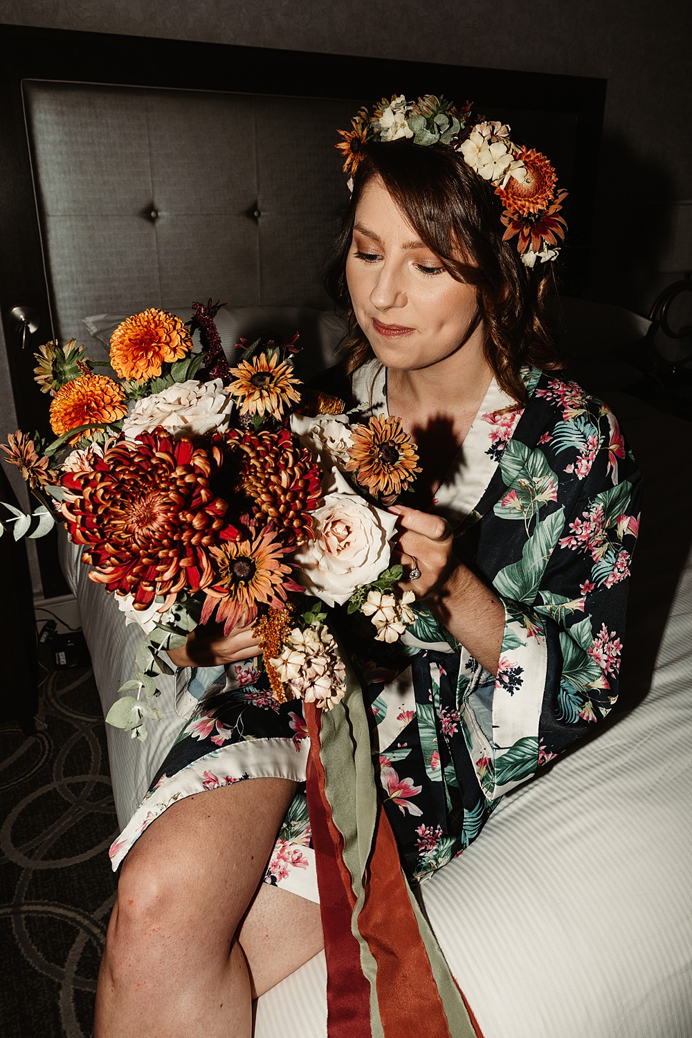 Bride Flower Crown Bouquet Robe Engine Works Wedding Emma Lawson Photography