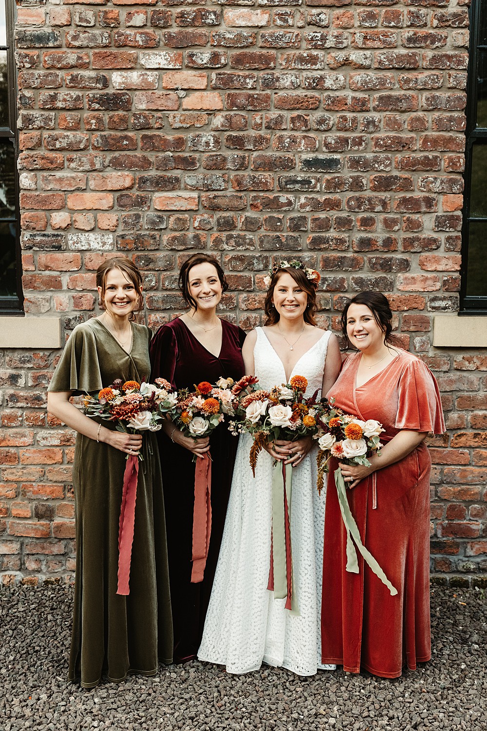 Long Velvet Bridesmaid Dresses Rust Green Engine Works Wedding Emma Lawson Photography
