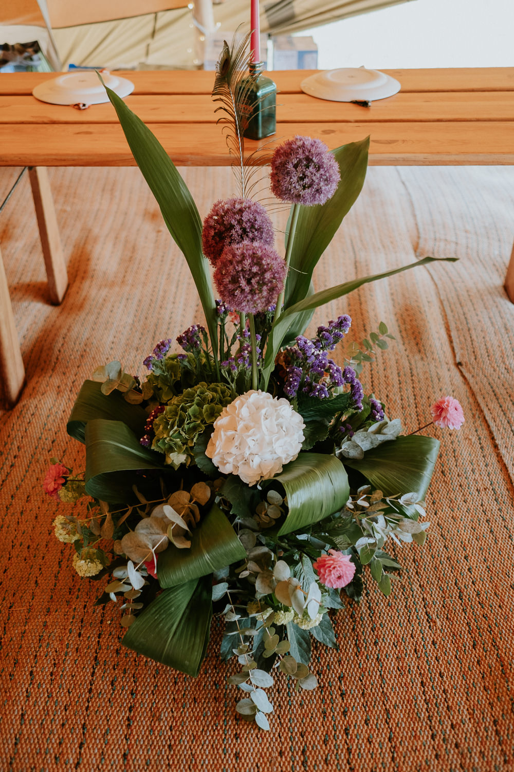 Floor Flowers Allium Palm Leaf Fun Community Wedding Joanna Nicole Photography
