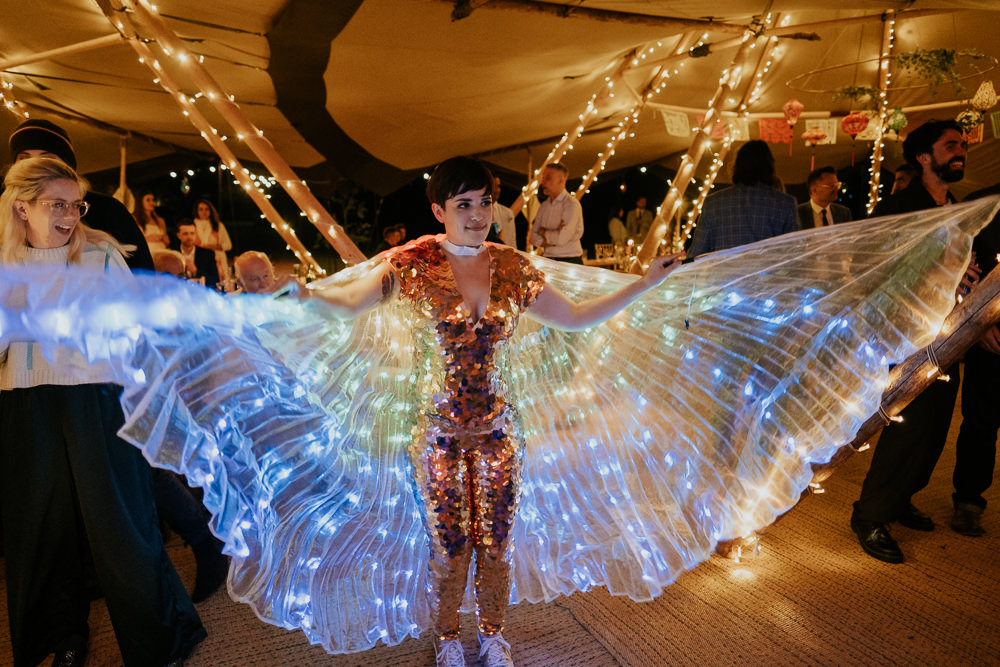 Sequin Jumpsuit Bride Wings Fun Community Wedding Joanna Nicole Photography