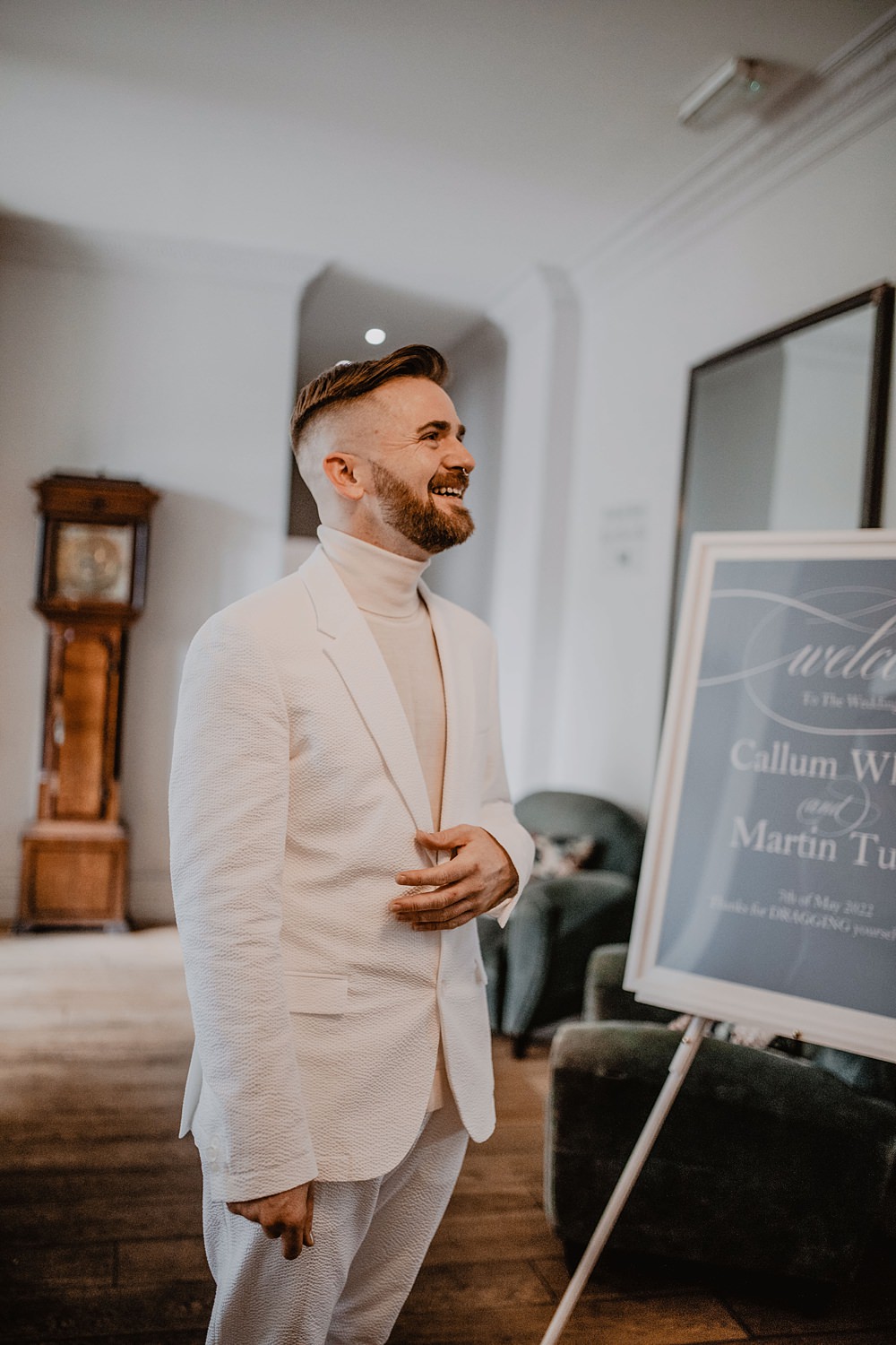 Groom White Suit Roll Neck Jumper Georgian Townhouse Wedding Camilla Andrea Photography