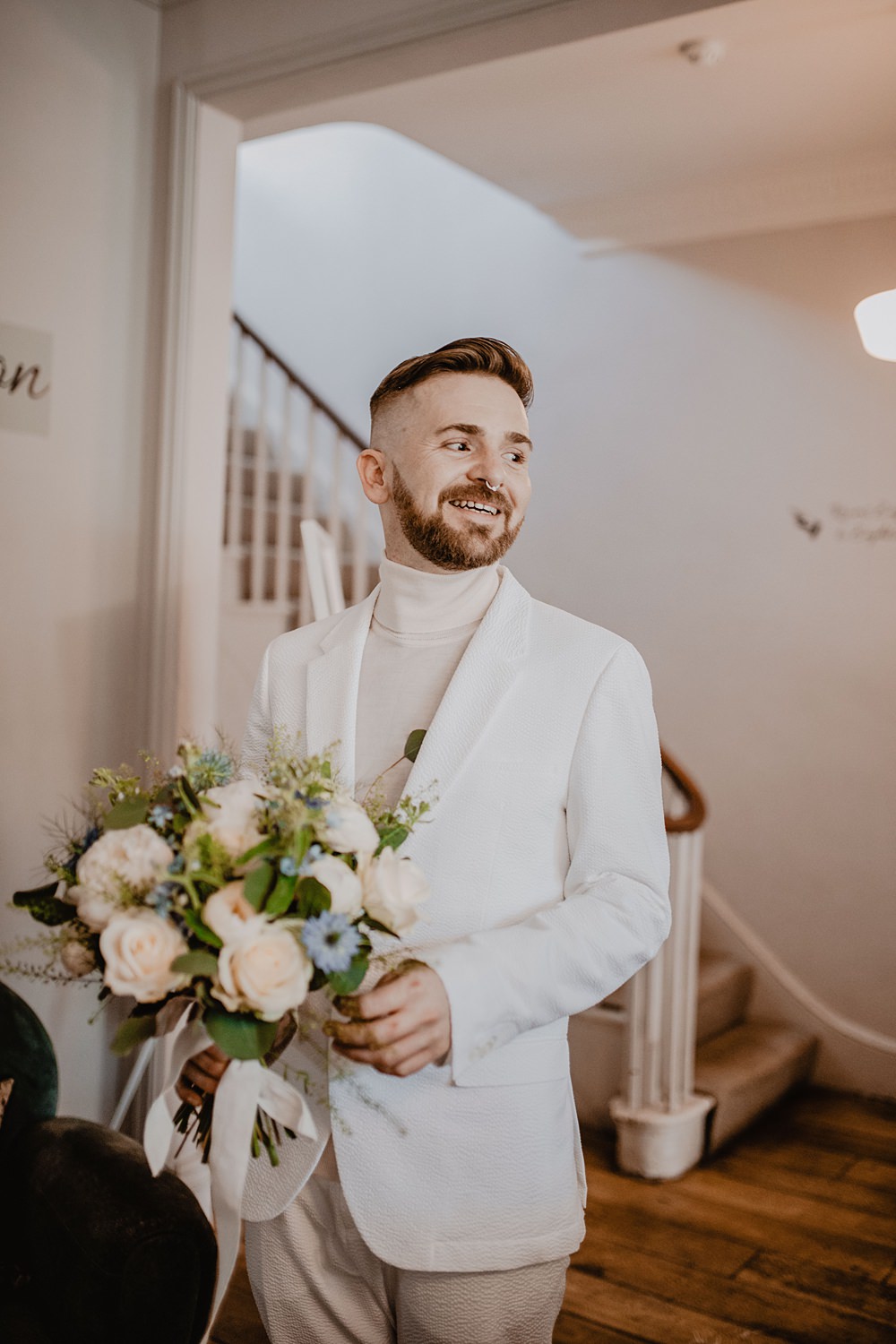 Groom White Suit Roll Neck Jumper Georgian Townhouse Wedding Camilla Andrea Photography