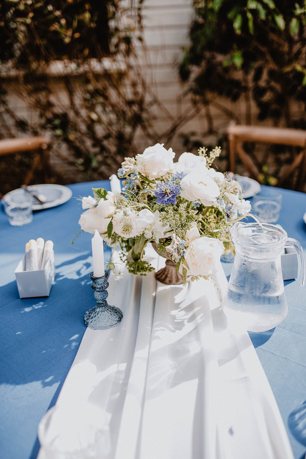 Blue White Wedding Table Cloth Flowers Decor Georgian Townhouse Wedding Camilla Andrea Photography