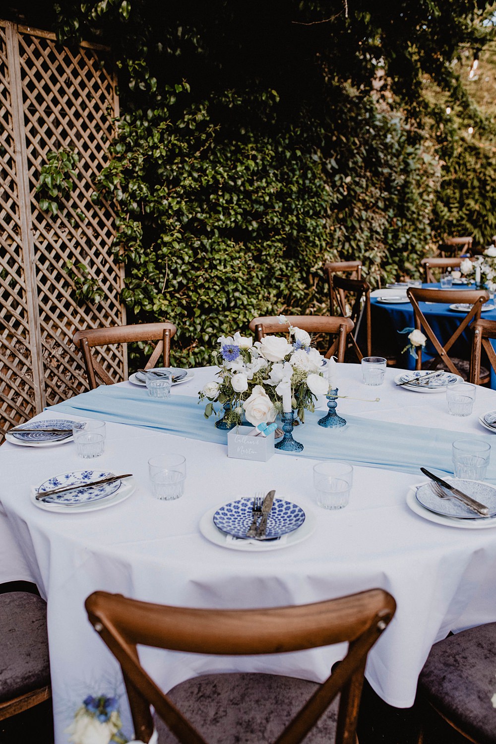 Blue White Wedding Table Cloth Flowers Decor Georgian Townhouse Wedding Camilla Andrea Photography