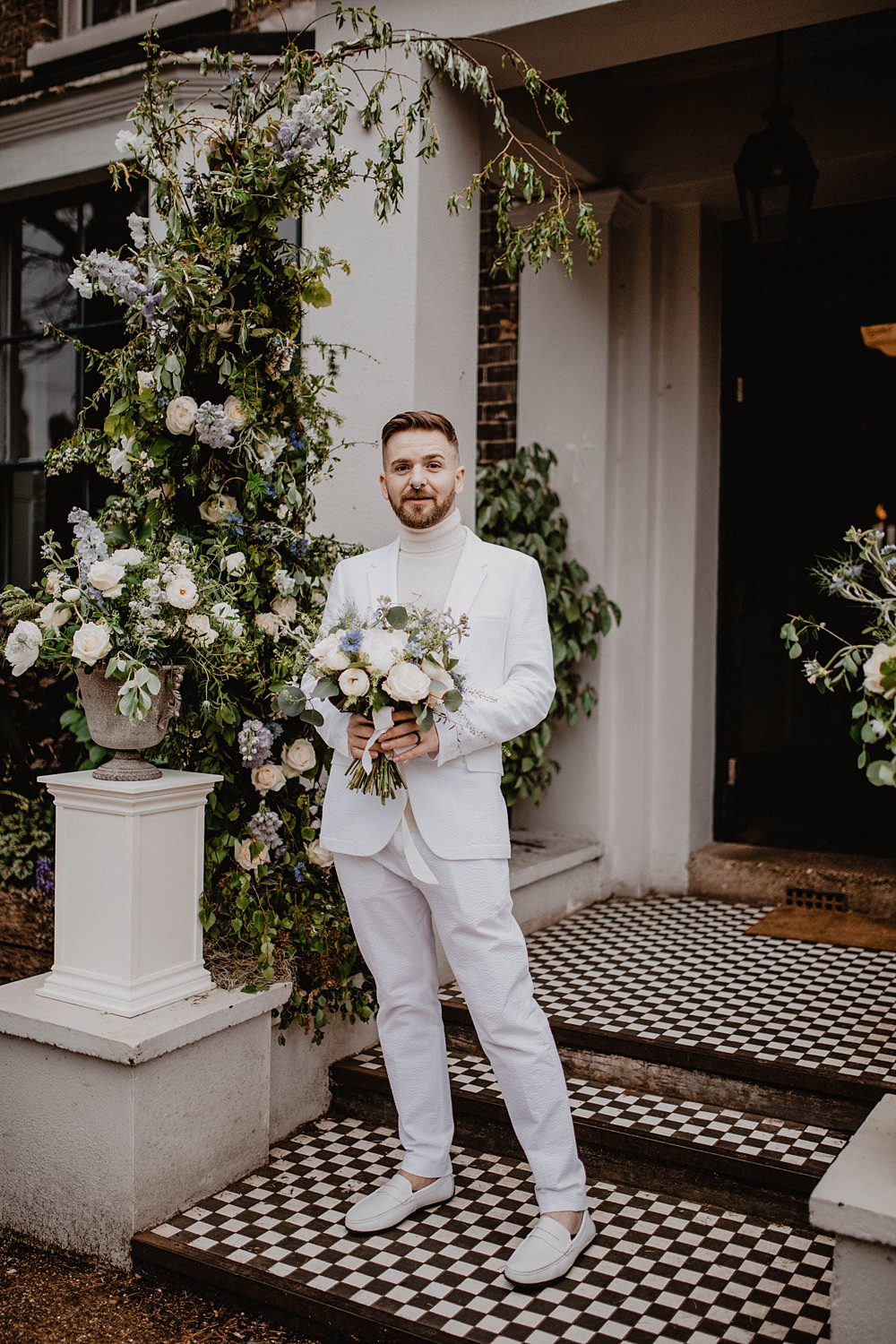 Groom White Suit Roll Neck Jumper Georgian Townhouse Wedding Camilla Andrea Photography