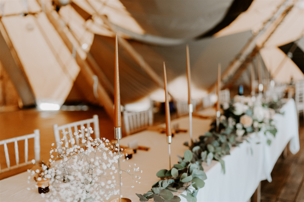 Leicestershire Tipi Wedding Gina Fernandes Photography Top Table Decor Greenery Orange Candles Gypsophila