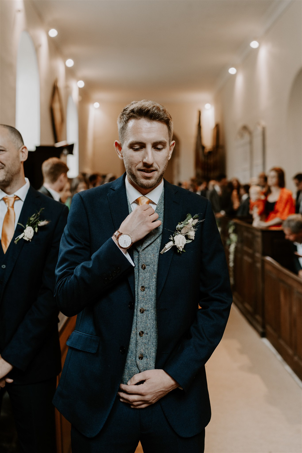 Groom Suit Navy Orange Tie Grey Waistcoat Leicestershire Tipi Wedding Gina Fernandes Photography