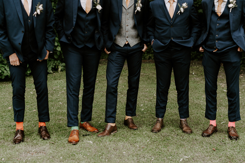 Groom Suit Navy Orange Tie Grey Waistcoat Groomsmen Leicestershire Tipi Wedding Gina Fernandes Photography