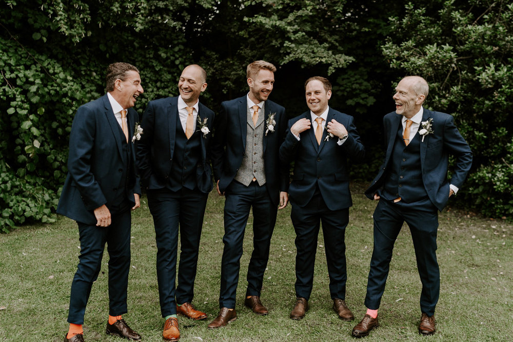 Groom Suit Navy Orange Tie Grey Waistcoat Groomsmen Leicestershire Tipi Wedding Gina Fernandes Photography