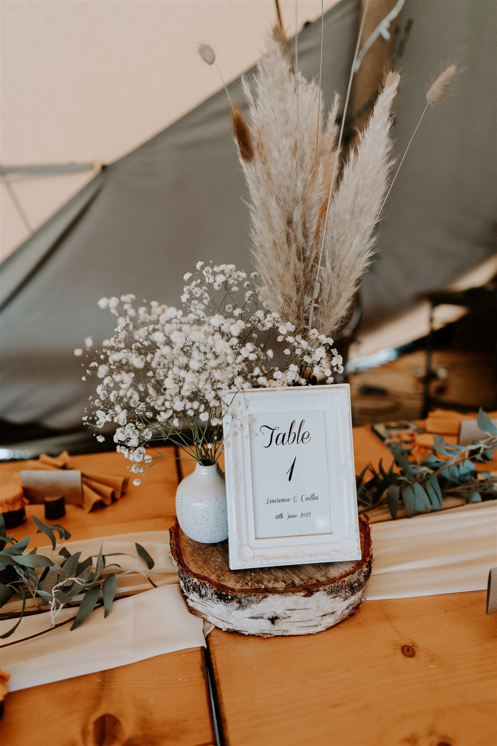 Decor Greenery Orange Candles Gypsophila Pampas Grass Leicestershire Tipi Wedding Gina Fernandes Photography