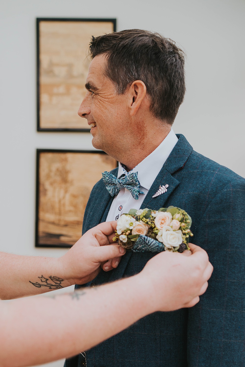 Groom Navy Blue Suit Bow Tie Flower Pocket Square Marshwood Manor Wedding Grace Elizabeth