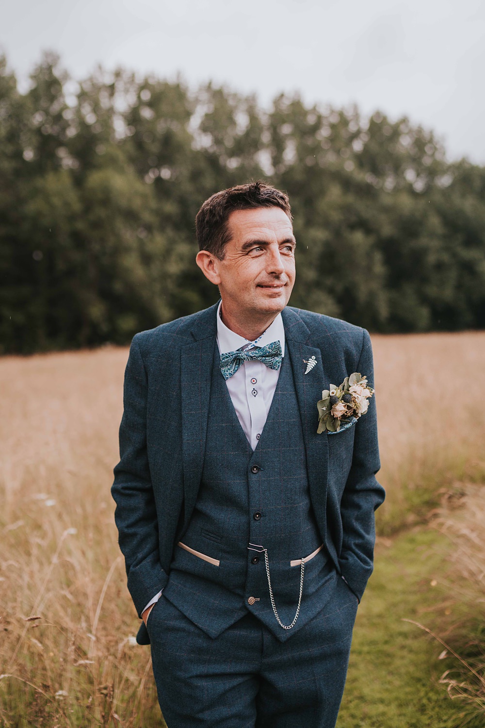 Groom Navy Blue Suit Bow Tie Flower Pocket Square Marshwood Manor Wedding Grace Elizabeth