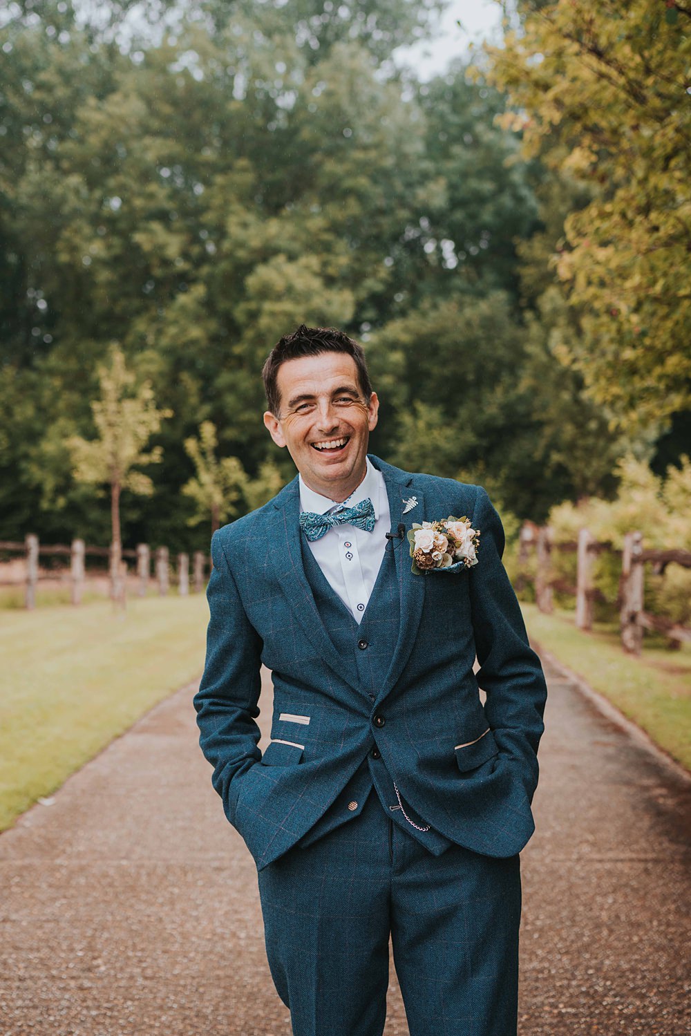 Groom Navy Blue Suit Bow Tie Flower Pocket Square Marshwood Manor Wedding Grace Elizabeth