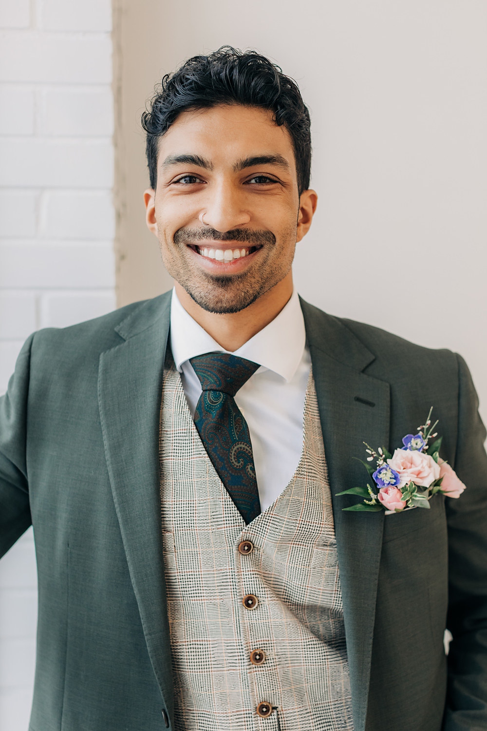 Groom Grey Suit Waistcoat Tie Pocket Flowers Peach Yellow Lilac Wedding Ideas Tess Lucas Photography