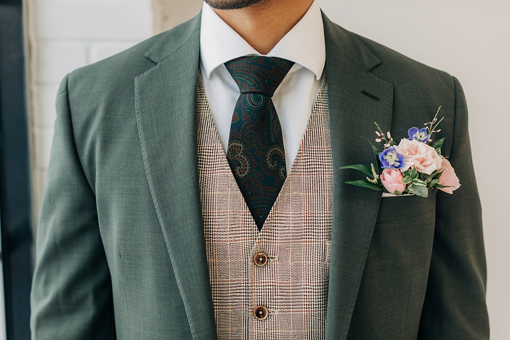 Groom Grey Suit Waistcoat Tie Pocket Flowers Peach Yellow Lilac Wedding Ideas Tess Lucas Photography